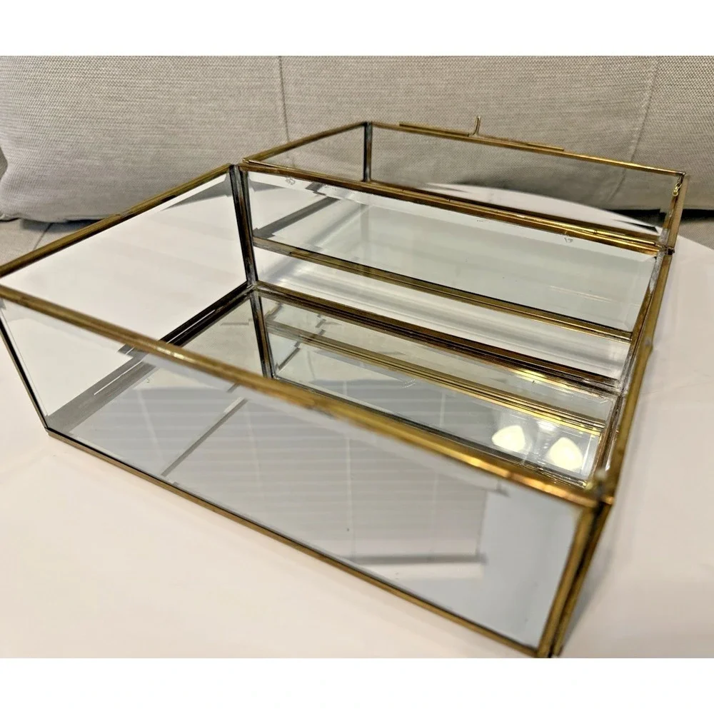 Vintage Enesco Glass Brass Large Curio Trinket Jewelry Box Display